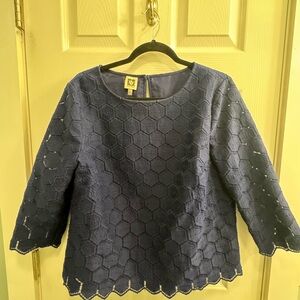 Anne Klein Navy Hexagon Lace Blouse